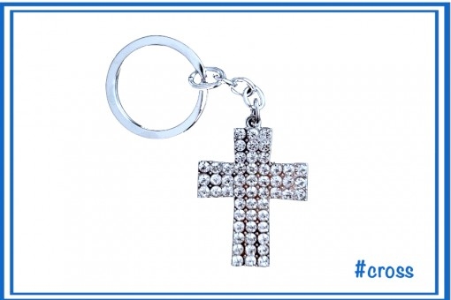 DIAMANTE METAL KEYRING CROSS